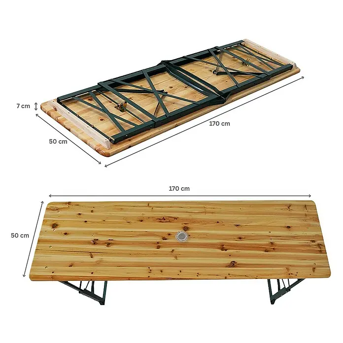 Chefgastro Gartentisch Höhenverstellbarer Bierzelttisch klappbar - L x B x H: 50 x 170 x 116 cm, Eckig, Braun - Ansichten eines Holz-Biertisches in zusammengeklapptem und aufgebautem Zustand mit Größenangaben.