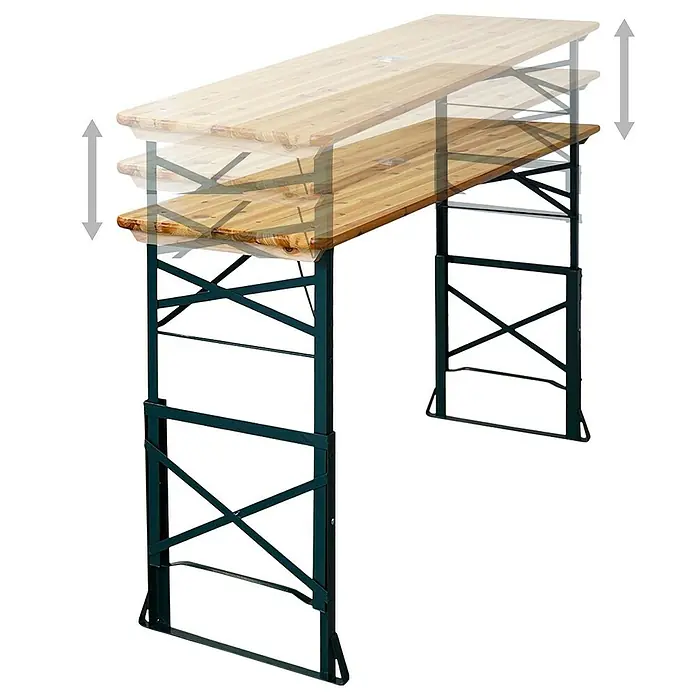 Chefgastro Gartentisch Höhenverstellbarer Bierzelttisch klappbar - L x B x H: 50 x 170 x 116 cm, Eckig, Braun - Verstellbarer Biertisch mit Holzplatte und dunkelgrünem Metallgestell, höhenverstellbar für verschiedene Anlässe.