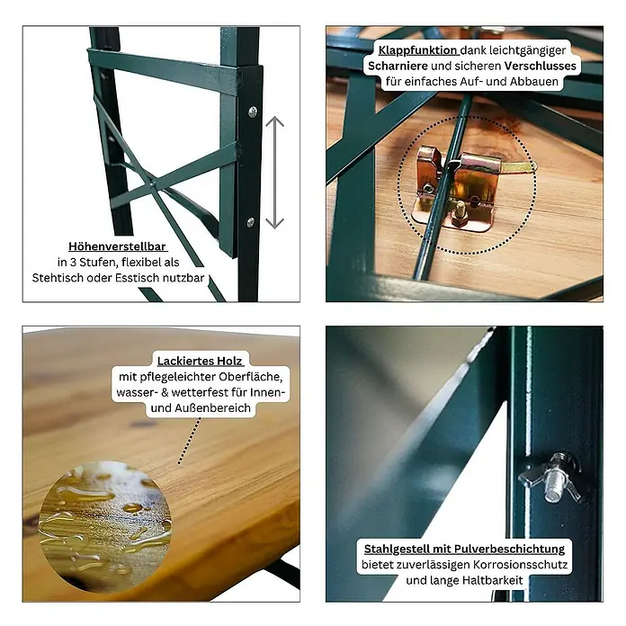 Chefgastro Gartentisch Höhenverstellbarer Bierzelttisch klappbar - L x B x H: 50 x 170 x 116 cm, Eckig, Braun - Details des Stehtisches: Höhenverstellbarkeit, Klappfunktion, lackiertes Holz und Stahlgestell mit Pulverbeschichtung.