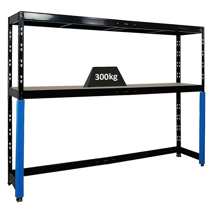 Proregal Schwerlastregal Garagenregal HERCULES - H x B x T: 180 x 240 x 50 cm, Traglast pro Boden: 300 kg, Anzahl Böden: 2 Stk., Stecken, Schwarz - Abbildung eines robusten Werkstatttisches mit einer Traglast von 300kg, ideal für schwere Arbeiten in Werkstätten und Garagen.