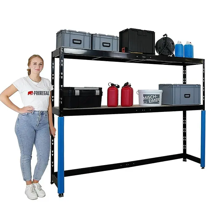 Proregal Schwerlastregal Garagenregal HERCULES - H x B x T: 180 x 240 x 50 cm, Traglast pro Boden: 300 kg, Anzahl Böden: 2 Stk., Stecken, Schwarz - Regal mit zwei Ebenen, beladen mit Aufbewahrungsboxen und Behältern, daneben eine Frau zur Größenorientierung.