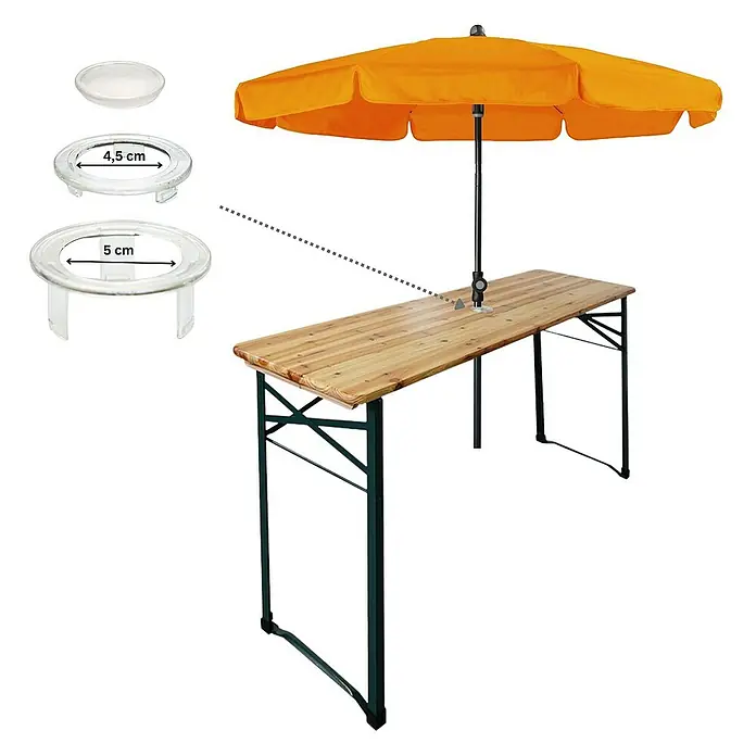 Chefgastro Gartentisch Höhenverstellbarer Bierzelttisch klappbar - L x B x H: 50 x 170 x 116 cm, Eckig, Braun - Darstellung eines Biertisches mit Sonnenschirm und passenden Distanzringen. Praktisch für den Biergarten.