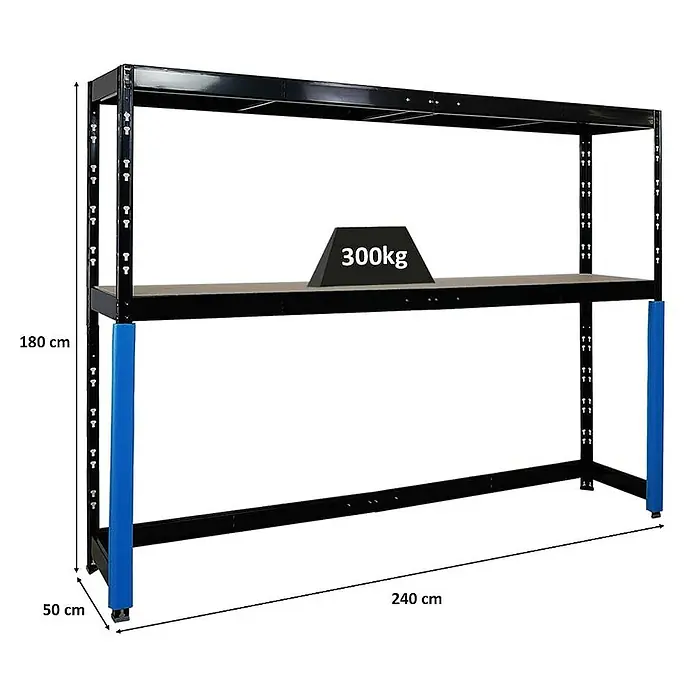 Proregal Schwerlastregal Garagenregal HERCULES - H x B x T: 180 x 240 x 50 cm, Traglast pro Boden: 300 kg, Anzahl Böden: 2 Stk., Stecken, Schwarz - Ein schwarzes Schwerlastregal mit zwei Ebenen und blauen Schutzvorrichtungen an den unteren Pfosten, mit Gewichtsangabe.