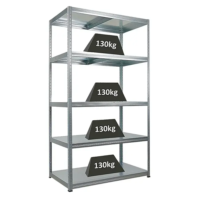 Proregal Metallregal Steel Eagle - Traglast pro Boden: 130 kg, Anzahl Böden: 5 Stk., Stecken, Verzinkt - Metallregal mit vier Ebenen, jede Ebene mit 130kg belastet. Das Regal ist silbern und stabil gebaut. Ideal für Lagerung.