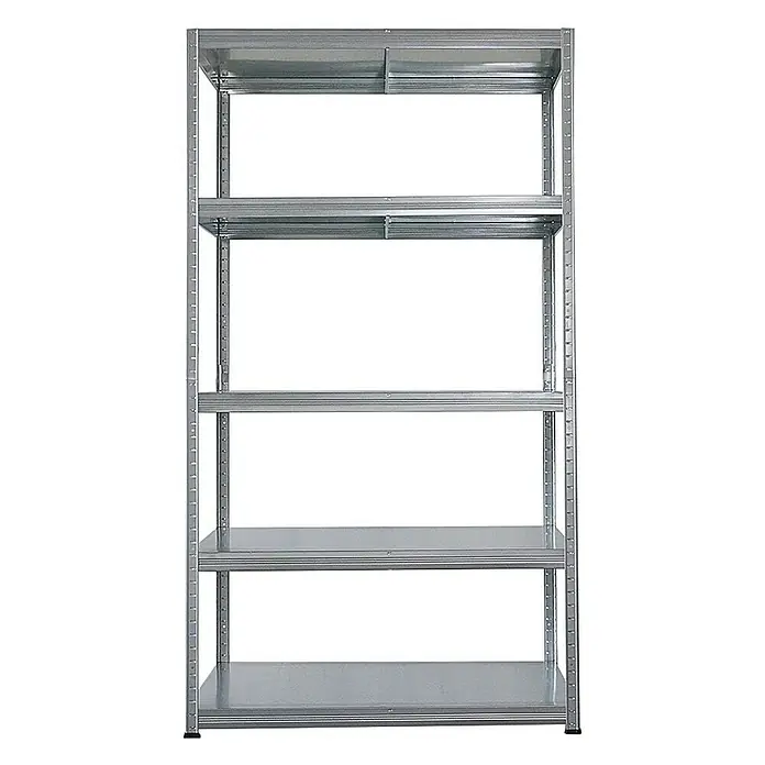 Proregal Metallregal Steel Eagle - Traglast pro Boden: 130 kg, Anzahl Böden: 5 Stk., Stecken, Verzinkt - Ein graues Regal mit fünf Regalböden, ideal für Lagerung und Organisation in Werkstatt oder Garage. Robuste Konstruktion für hohe Belastbarkeit.