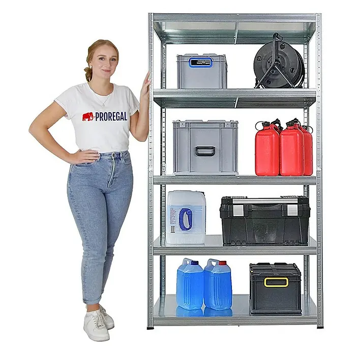 Proregal Metallregal Steel Eagle - Traglast pro Boden: 130 kg, Anzahl Böden: 5 Stk., Stecken, Verzinkt - Frau neben einem Proregal-Lagerregal mit fünf Ablagen. Das Regal ist mit verschiedenen Behältern und Werkzeugen bestückt.