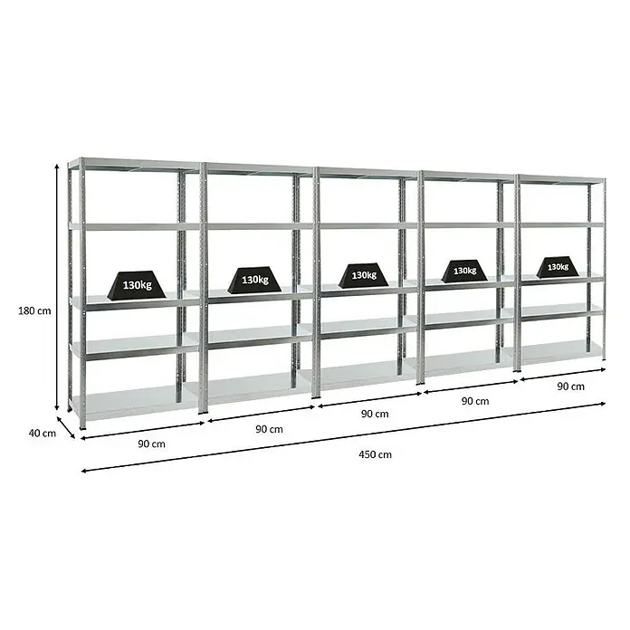 Proregal Metallregal Mega Deal Steel Eagle - Traglast pro Boden: 130 kg, Anzahl Böden: 5 Stk., Stecken, Verzinkt - Regal mit fünf Fächern, beladen mit Gewichten, Maße: 180 cm hoch, 450 cm lang, 40 cm tief, jedes Fach 90 cm breit.