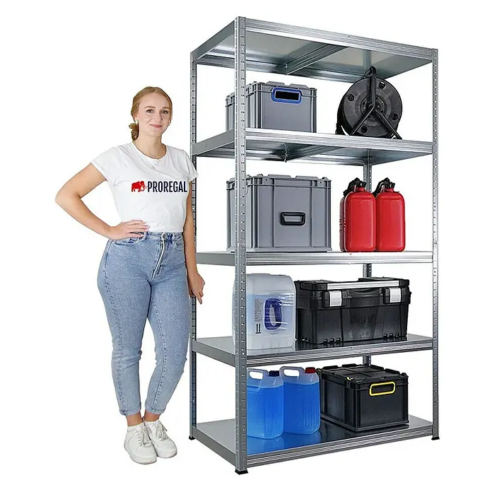 Proregal Metallregal Steel Eagle - Traglast pro Boden: 130 kg, Anzahl Böden: 5 Stk., Stecken, Verzinkt - Metallregal mit robusten Regalböden, ideal für Lagerung. Die Regale sind mit verschiedenen Behältern und Kanistern bestückt, daneben eine Frau.