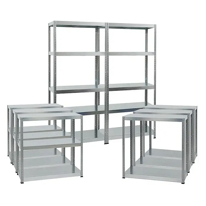 Proregal Metallregal Mega Deal Steel Eagle - Traglast pro Boden: 130 kg, Anzahl Böden: 5 Stk., Stecken, Verzinkt - Das Bild zeigt eine Nahaufnahme von Metallregalen, die sich ideal für Lager- und Organisationszwecke eignen.