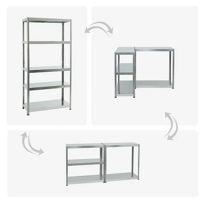 Proregal Metallregal Mega Deal Steel Eagle - Traglast pro Boden: 130 kg, Anzahl Böden: 5 Stk., Stecken, Verzinkt - Das Bild zeigt ein graues Metallregal mit fünf Regalböden und wie es in zwei kleinere Regale umgewandelt werden kann.