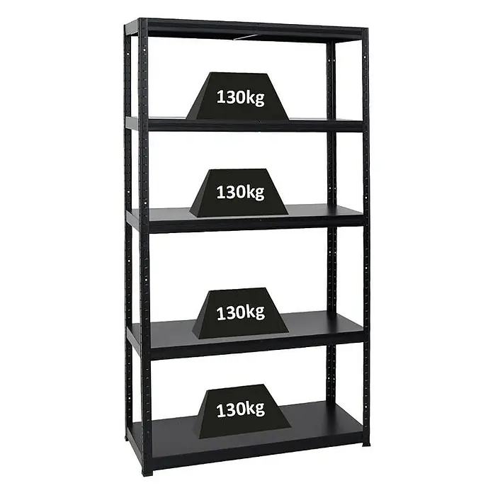 Proregal Metallregal Steel Eagle - Traglast pro Boden: 130 kg, Anzahl Böden: 5 Stk., Stecken, Schwarz - Bild eines schwarzen Metallregals mit vier Ebenen, jede belastet mit einem Gewicht von 130 kg, zur Darstellung der Stabilität.