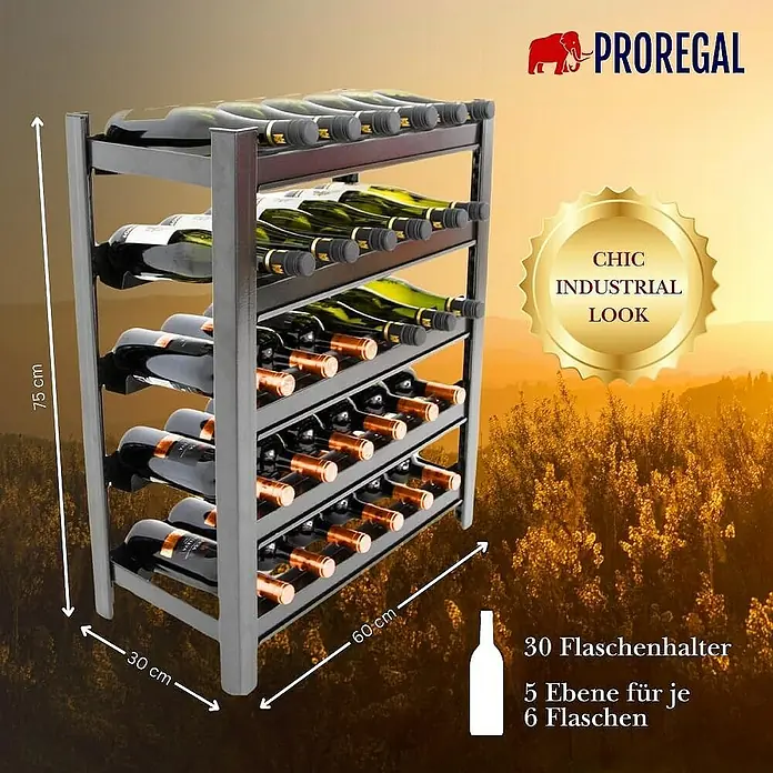 Proregal Getränkekistenregal Weinregal TOSKANA 30 Flaschen - H x B x T: 75 x 60 x 30 cm, Anzahl Böden: 5 Stk., Stecken, Schwarz - Abbildung eines Weinregals mit 5 Ebenen für je 6 Flaschen, gefertigt aus Holz und Metall im industriellen Stil.