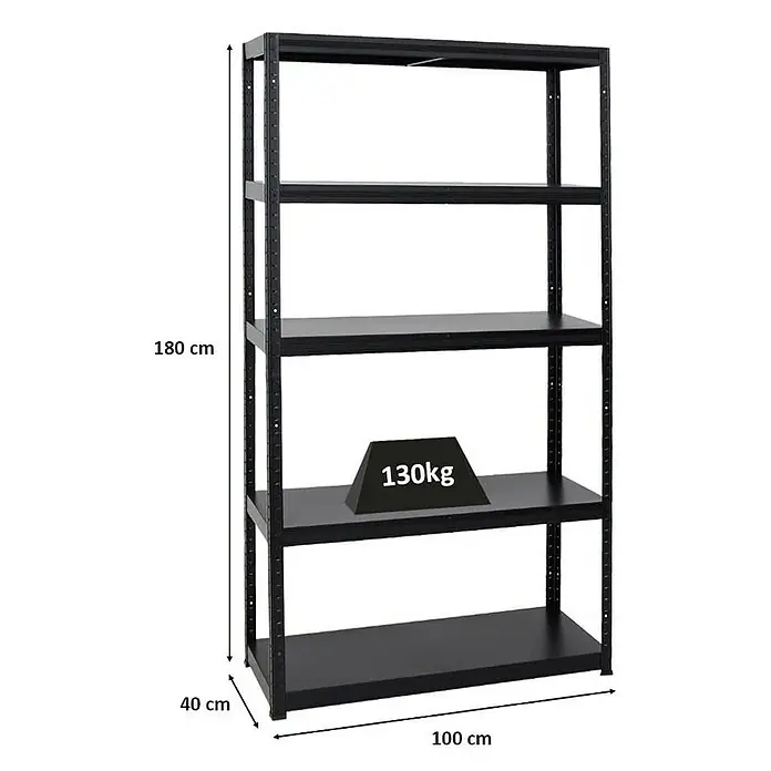 Proregal Metallregal Steel Eagle - Traglast pro Boden: 130 kg, Anzahl Böden: 5 Stk., Stecken, Schwarz - Schwarzes Metallregal mit fünf Ablagen und den Maßen 180 cm Höhe, 100 cm Breite und 40 cm Tiefe, mit einer Belastung von 130 kg.