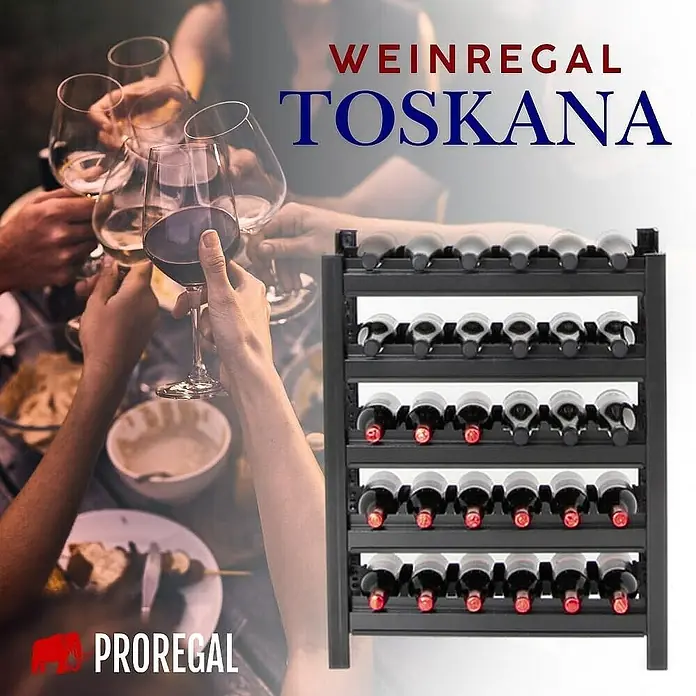 Proregal Getränkekistenregal Weinregal TOSKANA 30 Flaschen - H x B x T: 75 x 60 x 30 cm, Anzahl Böden: 5 Stk., Stecken, Schwarz - Weinregal Toskana: Stilvolles Weinregal zur Aufbewahrung Ihrer Lieblingsweine, perfekt für jede Hausbar oder Esszimmer.