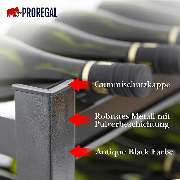 Proregal Getränkekistenregal Weinregal TOSKANA 30 Flaschen - H x B x T: 75 x 60 x 30 cm, Anzahl Böden: 5 Stk., Stecken, Schwarz - Detailaufnahme eines PROREGAL Weinregals mit Fokus auf die Gummischutzkappe, robuste Metallbeschichtung und antike schwarze Farbe.