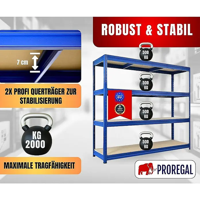 Proregal Schwerlastregal DINO - Traglast pro Boden: 500 kg, Anzahl Böden: 4 Stk., Stecken, Blau - Ein blaues Schwerlastregal mit vier Böden, das jeweils bis zu 500 kg tragen kann, Gesamtlast 2000 kg, und Details zur Stabilisierung zeigt.
