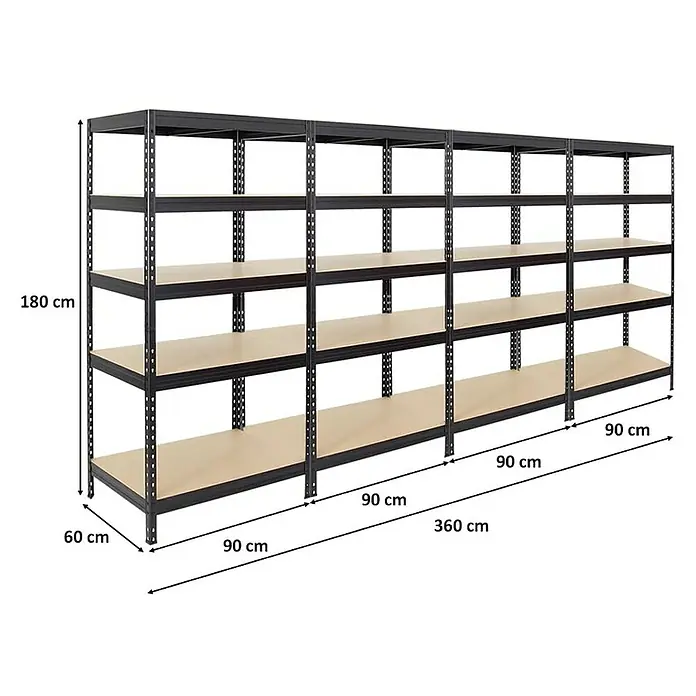 Proregal Schwerlastregal Mega Deal Rivet - Traglast pro Boden: 250 kg, Anzahl Böden: 5 Stk., Stecken, Schwarz - Bild eines schwarzen Schwerlastregals mit Holzregalböden. Abmessungen: 180 cm Höhe, 360 cm Breite, 60 cm Tiefe.