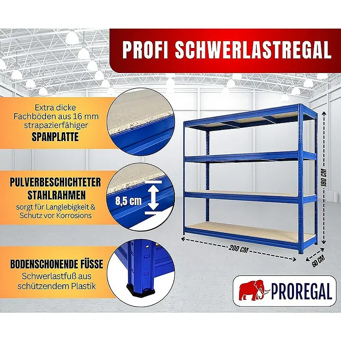 Proregal Schwerlastregal DINO - Traglast pro Boden: 500 kg, Anzahl Böden: 4 Stk., Stecken, Blau - Schwerlastregal mit Stahlrahmen, pulverbeschichtet, für Langlebigkeit & Schutz vor Korrosion. Inklusive Spanplattenböden.