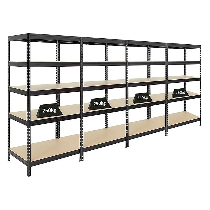 Proregal Schwerlastregal Mega Deal Rivet - Traglast pro Boden: 250 kg, Anzahl Böden: 5 Stk., Stecken, Schwarz - Metallregal mit vier Ebenen, jede mit einer Tragkraft von 250 kg, ideal für Lager und Werkstatt.