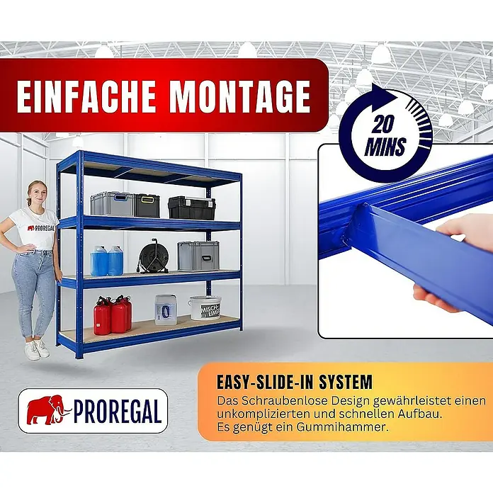 Proregal Schwerlastregal DINO - Traglast pro Boden: 500 kg, Anzahl Böden: 4 Stk., Stecken, Blau - Einfache Montage des Proregal-Lagersystems in nur 20 Minuten dank Easy-Slide-In-System und schraubenlosem Design.