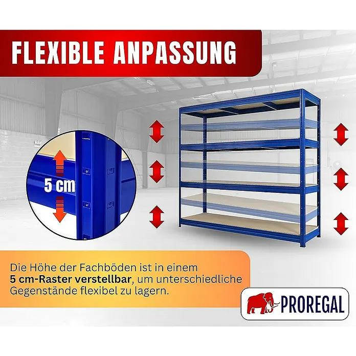 Proregal Schwerlastregal DINO - Traglast pro Boden: 500 kg, Anzahl Böden: 4 Stk., Stecken, Blau - Flexibles Regalsystem mit verstellbaren Böden im 5 cm-Raster. Ideal zur Lagerung unterschiedlicher Gegenstände.