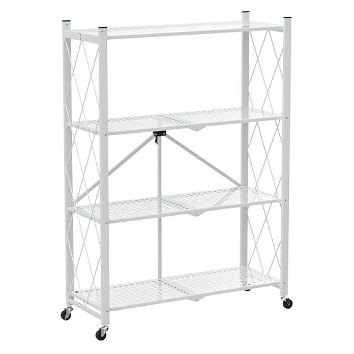 Berlinlodge Metallregal KLAP klappbar auf Rollen - H x B x T: 127 x 72 x 34 cm, Traglast pro Boden: 50 kg, Anzahl Böden: 4 Stk., Weiß - Das Bild zeigt ein weißes, vierstöckiges Metallregal mit Rollen, ideal für Organisation und Lagerung.