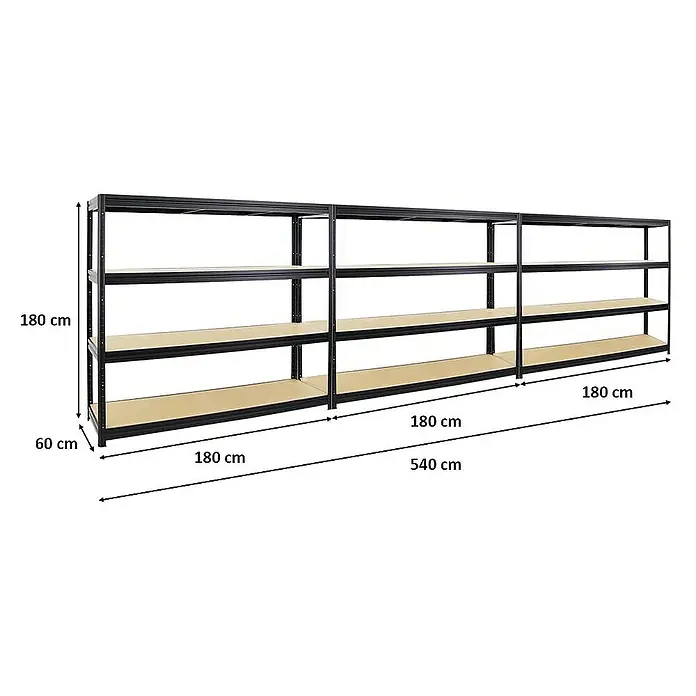 Proregal Schwerlastregal Mega Deal DINO - Traglast pro Boden: 500 kg, Anzahl Böden: 4 Stk., Stecken, Schwarz - Abbildung eines langen Regalsystems in Schwarz und Beige mit Maßangaben. Praktische Lagerlösung für Haus, Garage oder Lagerraum.