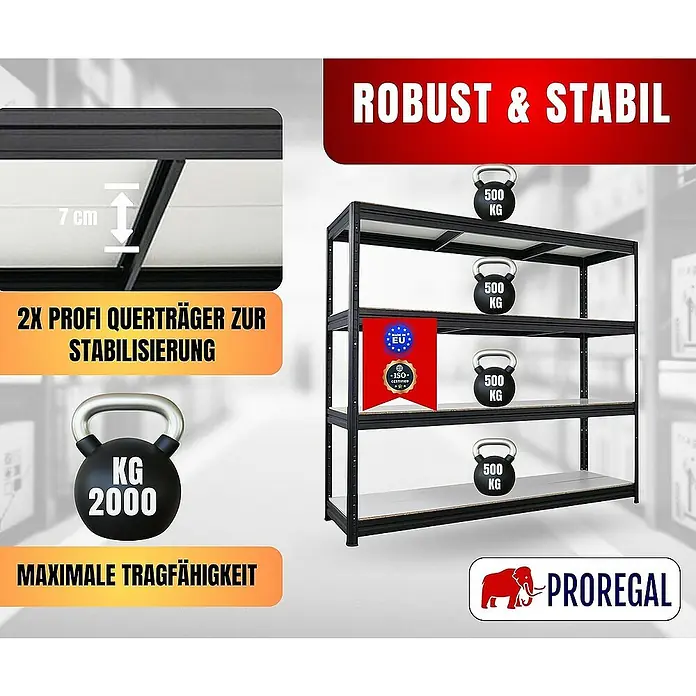 Proregal Schwerlastregal DINO - Traglast pro Boden: 500 kg, Anzahl Böden: 4 Stk., Stecken, Schwarz - Robustes, stabiles Proregal Schwerlastregal mit einer maximalen Tragfähigkeit von 2000kg.