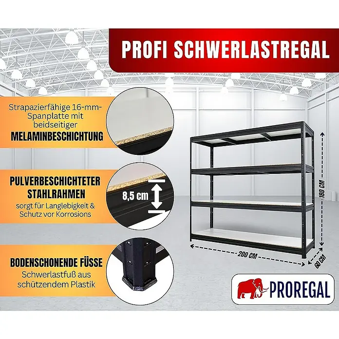 Proregal Schwerlastregal DINO - Traglast pro Boden: 500 kg, Anzahl Böden: 4 Stk., Stecken, Schwarz - Schwerlastregal mit pulverbeschichtetem Stahlrahmen, Spanplatten und bodenschonenden Füßen für hohe Stabilität und Schutz.