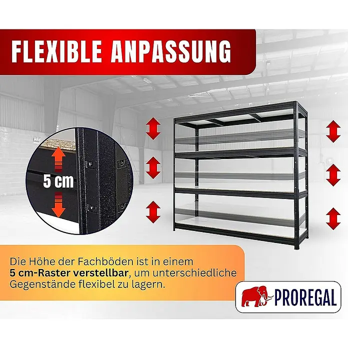 Proregal Schwerlastregal DINO - Traglast pro Boden: 500 kg, Anzahl Böden: 4 Stk., Stecken, Schwarz - Bild eines Proregal-Lagersystems mit flexibler Anpassung der Regalböden im 5 cm-Raster für verschiedene Gegenstände.