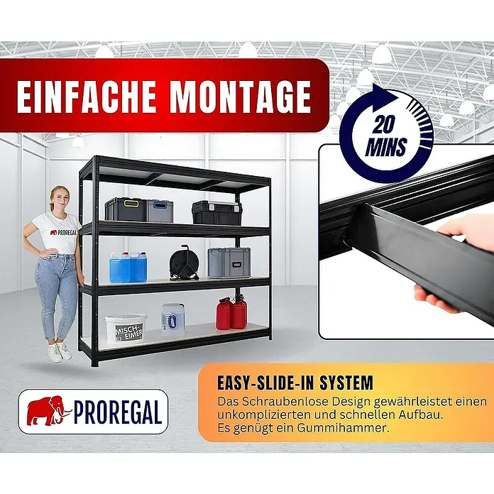 Proregal Schwerlastregal DINO - Traglast pro Boden: 500 kg, Anzahl Böden: 4 Stk., Stecken, Schwarz - Produktbild des Proregal-Lagerregals mit vier Regalböden, das für einfache Montage und Lagerung konzipiert ist.