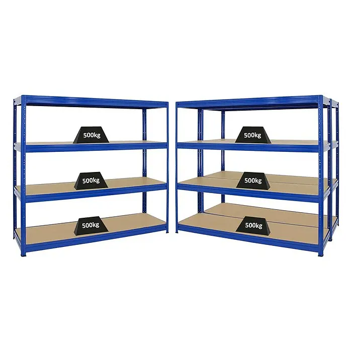 Proregal Schwerlastregal Mega Deal DINO - H x B x T: 180 x 200 x 60 cm, Traglast pro Boden: 600 kg, Anzahl Böden: 4 Stk., Stecken, Blau - Zwei blaue Schwerlastregale mit je drei Ebenen, die mit Gewichten von 500 kg belastet sind.