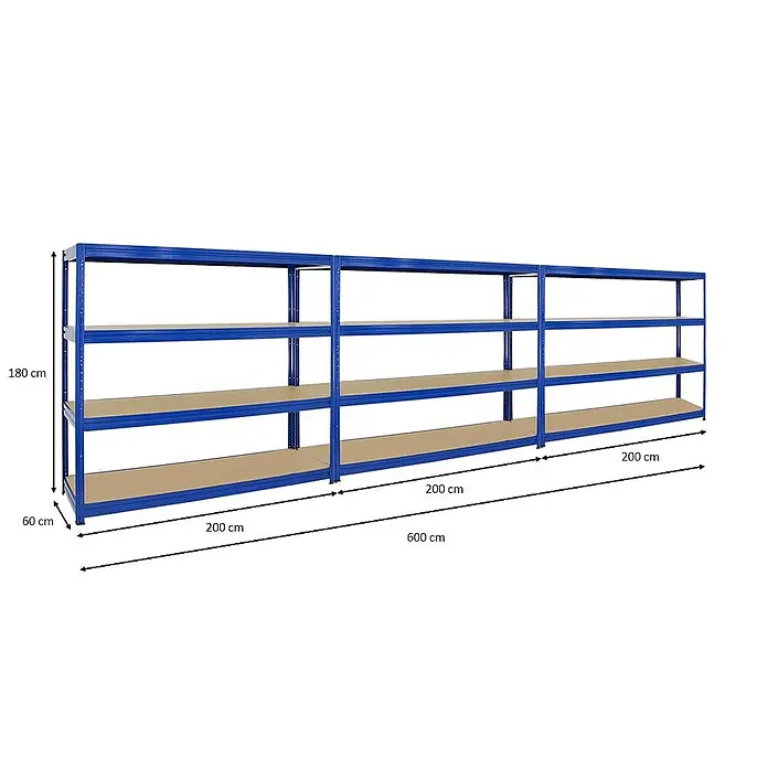 Proregal Schwerlastregal Mega Deal DINO - H x B x T: 180 x 200 x 60 cm, Traglast pro Boden: 600 kg, Anzahl Böden: 4 Stk., Stecken, Blau - Bild eines blauen Lagerregals mit drei Ebenen und den Maßen 180 cm Höhe, 60 cm Tiefe und 600 cm Länge.