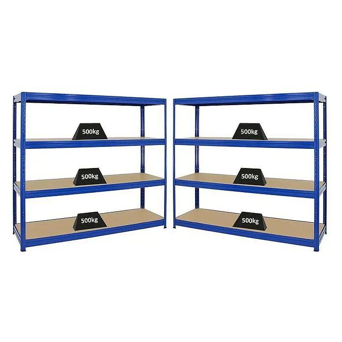 Proregal Schwerlastregal Mega Deal DINO - H x B x T: 180 x 200 x 60 cm, Traglast pro Boden: 600 kg, Anzahl Böden: 4 Stk., Stecken, Blau - Zwei blaue Lagerregale mit jeweils vier Ebenen, die mit 500kg Gewichten belastet sind. Robuste Regale für schwere Lasten.