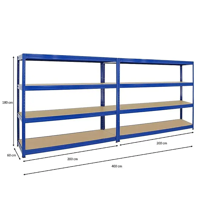 Proregal Schwerlastregal Mega Deal DINO - H x B x T: 180 x 200 x 60 cm, Traglast pro Boden: 600 kg, Anzahl Böden: 4 Stk., Stecken, Blau - Regal mit vier Ebenen, blaue Metallstruktur und braune Regalböden. Abmessungen: 180 cm hoch, 60 cm tief und 400 cm breit.