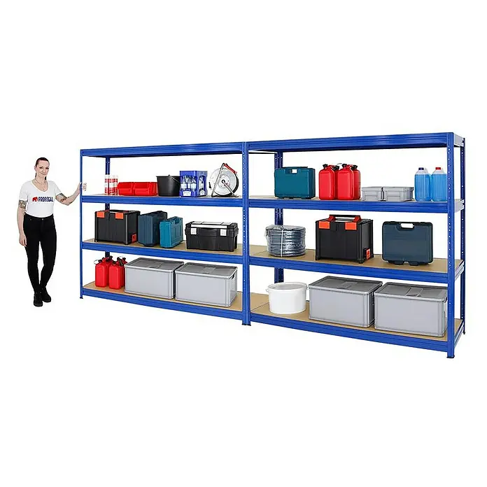 Proregal Schwerlastregal Mega Deal DINO - H x B x T: 180 x 200 x 60 cm, Traglast pro Boden: 600 kg, Anzahl Böden: 4 Stk., Stecken, Blau - Regal mit diversen Aufbewahrungsbehältern in unterschiedlichen Formen und Farben, die auf Holzregalböden in blauen Metallrahmen stehen.