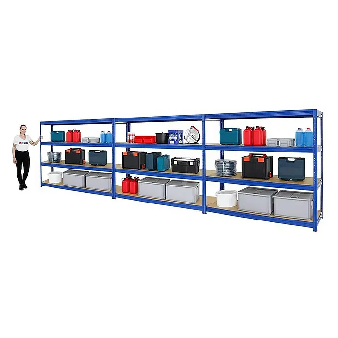 Proregal Schwerlastregal Mega Deal DINO - H x B x T: 180 x 200 x 60 cm, Traglast pro Boden: 600 kg, Anzahl Böden: 4 Stk., Stecken, Blau - Blaues Regal mit diversen Werkzeugen und Behältern. Die Aufbewahrungslösung bietet viel Stauraum für Garage oder Werkstatt.