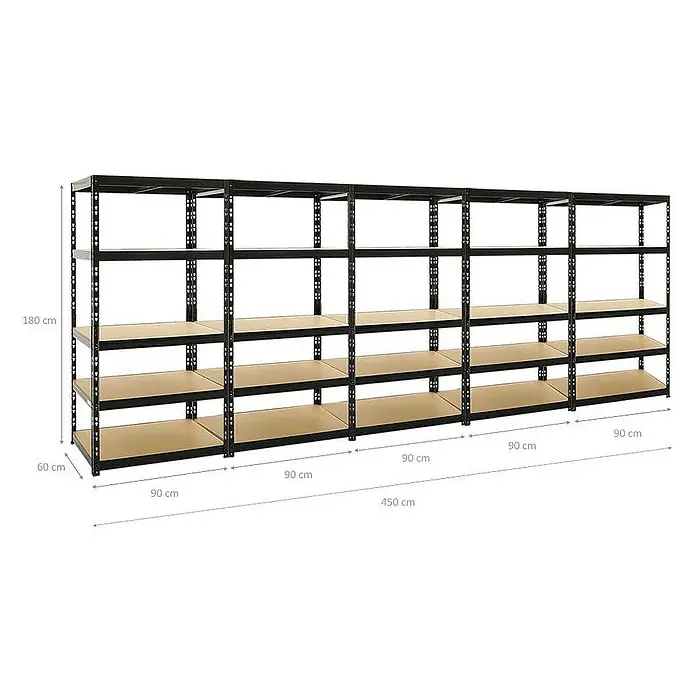 Proregal Schwerlastregal Mega Deal Tiger - Traglast pro Boden: 265 kg, Anzahl Böden: 5 Stk., Stecken, Schwarz - Abbildung eines schwarzen Metallregals mit mehreren Regalböden und Maßangaben.