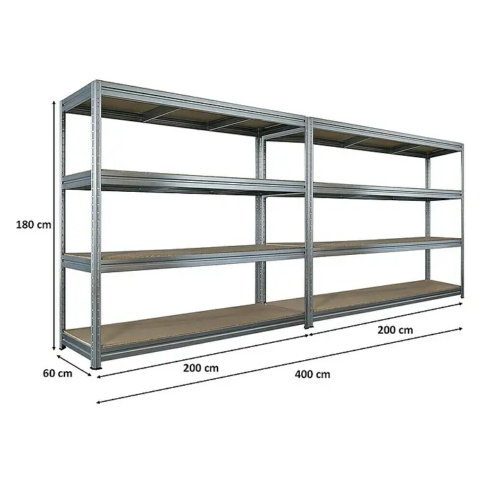 Proregal Schwerlastregal Mega Deal DINO - Traglast pro Boden: 500 kg, Anzahl Böden: 4 Stk., Stecken, Verzinkt - Das Bild zeigt ein Regal mit vier Ebenen. Es ist 180 cm hoch, 60 cm tief und 400 cm breit. Das Regal ist aus Metall und Holz gefertigt.
