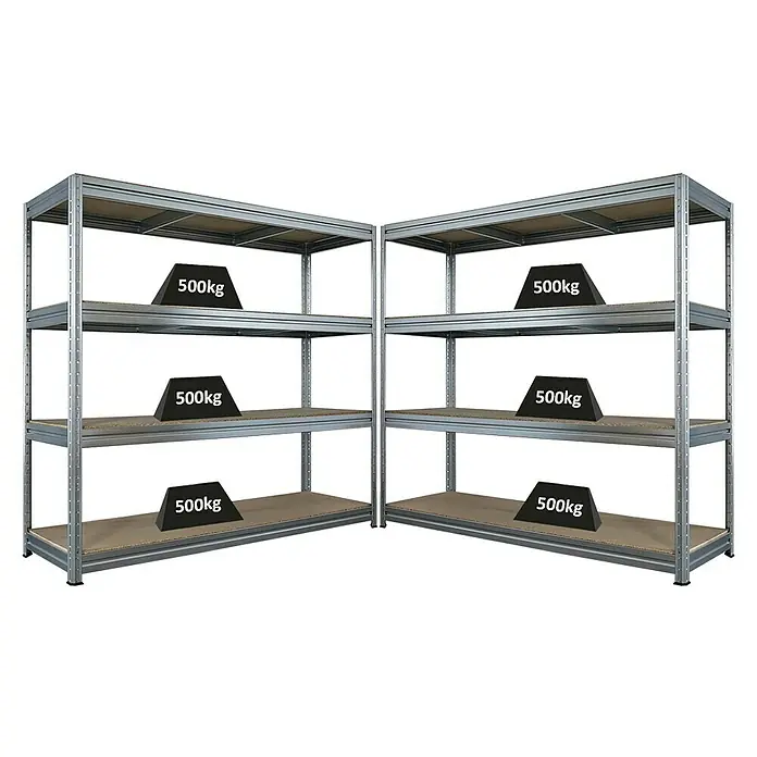 Proregal Schwerlastregal Mega Deal DINO - Traglast pro Boden: 500 kg, Anzahl Böden: 4 Stk., Stecken, Verzinkt - Zwei Schwerlastregale aus Metall mit je vier Regalböden, beladen mit Gewichten. Optimale Lagerlösung für schwere Gegenstände.