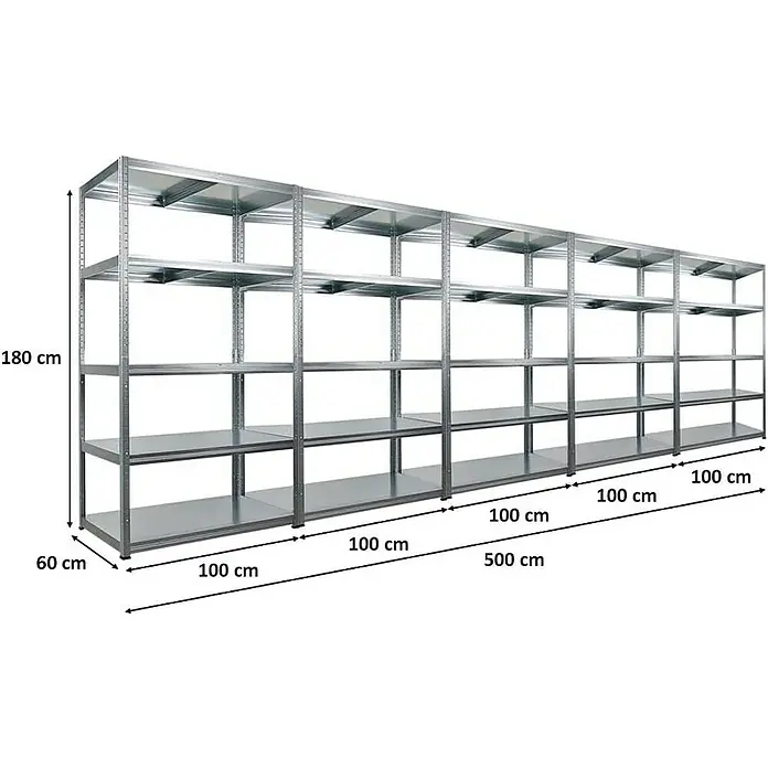 Proregal Metallregal Mega Deal Steel Eagle - Traglast pro Boden: 130 kg, Anzahl Böden: 5 Stk., Stecken, Verzinkt - Abbildung eines langen, robusten Metallregals mit fünf Ebenen, ideal für Lagerung, mit den Maßen 180 cm Höhe, 60 cm Tiefe und 500 cm Länge.