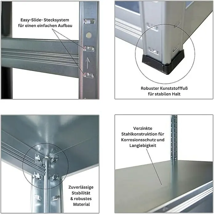 Proregal Metallregal Mega Deal Steel Eagle - Traglast pro Boden: 130 kg, Anzahl Böden: 5 Stk., Stecken, Verzinkt - Details des Schwerlastregals: Einfaches Stecksystem, Kunststofffüße, zuverlässige Stabilität und verzinkte Stahlkonstruktion.
