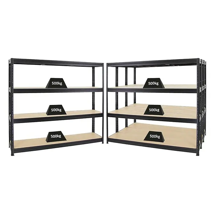 Proregal Schwerlastregal Mega Deal DINO - Traglast pro Boden: 500 kg, Anzahl Böden: 4 Stk., Stecken, Schwarz - Das Bild zeigt zwei schwarze Metallregale mit jeweils drei Regalböden, die mit 500 kg belastet sind. Ideal für Lagerung.