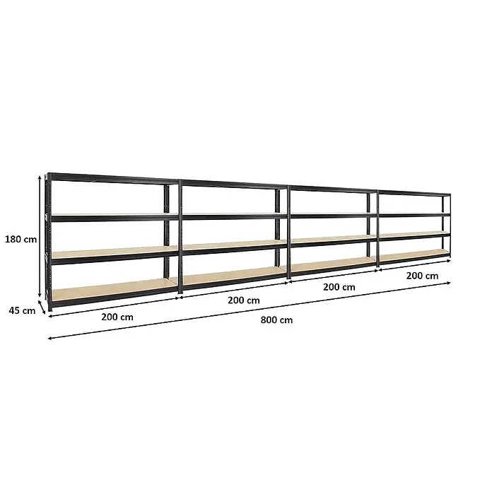 Proregal Schwerlastregal Mega Deal DINO - Traglast pro Boden: 500 kg, Anzahl Böden: 4 Stk., Stecken, Schwarz - Abbildung eines Metallregalsystems mit Holzregalböden, das 180 cm hoch, 45 cm tief und 800 cm breit ist. Jedes Fach ist 200cm breit.