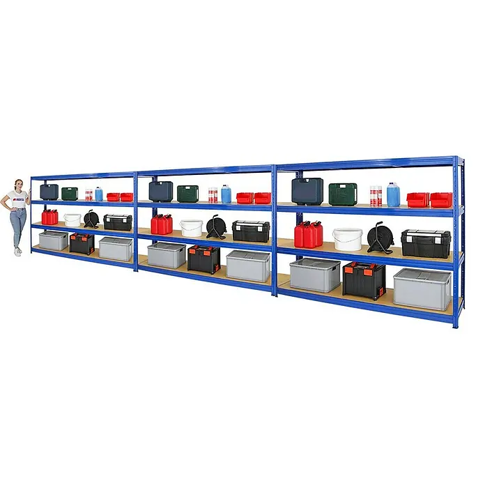 Proregal Schwerlastregal Mega Deal DINO - Traglast pro Boden: 450 kg, Anzahl Böden: 4 Stk., Stecken, Blau - Aufnahme eines blauen Metallregals voller verschiedener Boxen und Behälter, die eine effiziente Lagerlösung bieten.