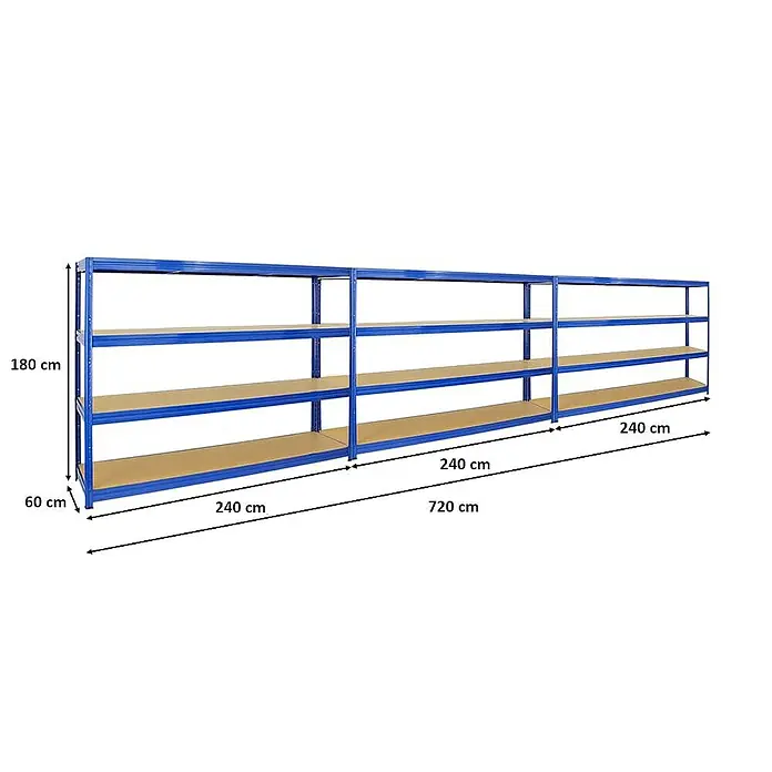Proregal Schwerlastregal Mega Deal DINO - Traglast pro Boden: 450 kg, Anzahl Böden: 4 Stk., Stecken, Blau - Abbildung eines blauen Schwerlastregals mit drei Regalböden und den Maßen 180 x 60 x 240 cm.