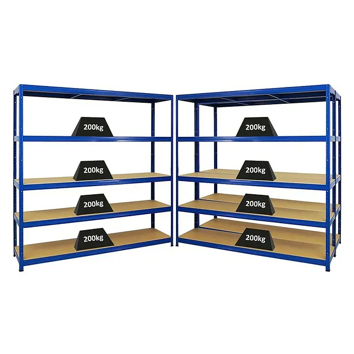 Proregal Schwerlastregal Mega Deal Giant Elephant - H x B x T: 180 x 180 x 45 cm, Traglast pro Boden: 200 kg, Anzahl Böden: 5 Stk., Stecken, Blau - Regal mit fünf Ebenen, blauem Rahmen und je 200 kg Gewichten auf jeder Ebene.\n