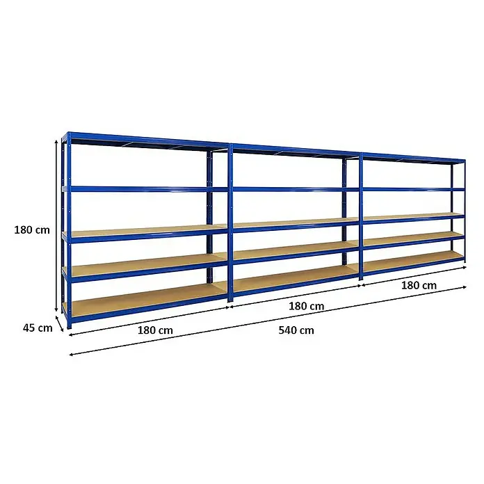 Proregal Schwerlastregal Mega Deal Giant Elephant - H x B x T: 180 x 180 x 45 cm, Traglast pro Boden: 200 kg, Anzahl Böden: 5 Stk., Stecken, Blau - Das Bild zeigt ein blaues Schwerlastregal mit Holzregalböden und den Maßen 180x45x540cm, das sich ideal für Lagerung und Organisation eignet.