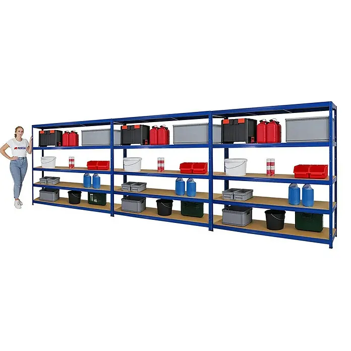 Proregal Schwerlastregal Mega Deal Giant Elephant - H x B x T: 180 x 180 x 45 cm, Traglast pro Boden: 200 kg, Anzahl Böden: 5 Stk., Stecken, Blau - Langes Regal mit blauen Rahmen und Holzregalen, voll mit verschiedenen Behältern, die zusätzlichen Stauraum bieten.
