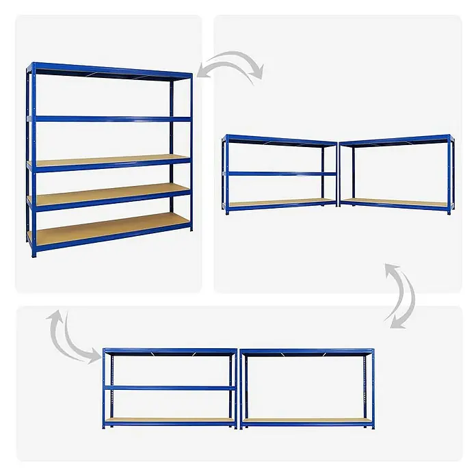 Proregal Schwerlastregal Mega Deal Giant Elephant - H x B x T: 180 x 180 x 45 cm, Traglast pro Boden: 200 kg, Anzahl Böden: 5 Stk., Stecken, Blau - Darstellung eines blauen Metallregals mit Holzregalböden in verschiedenen Konfigurationen. Flexibles Regalsystem für Lager und Organisation.